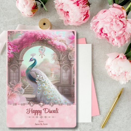 Diwali Witte Peacock Roze Bloemen Groet Feestdagenkaart