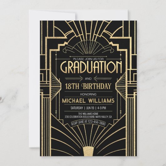 DIY 18e verjaardag Afstuderen Art Deco Zwart Goud Kaart (Voorkant)