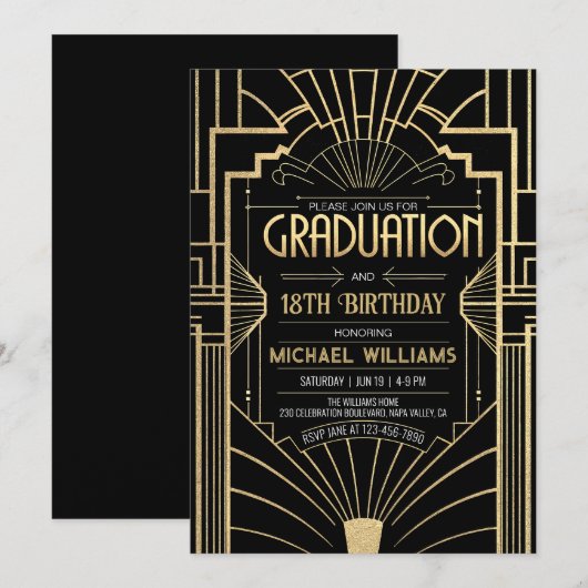 DIY 18e verjaardag Afstuderen Art Deco Zwart Goud Kaart (Voorkant / Achterkant)