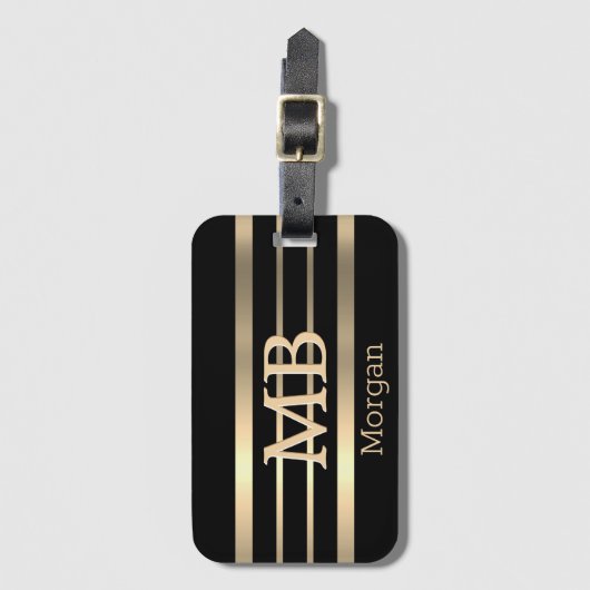 DIY 3-D Gold Monogram/naam, Bk/goudstrepen, zwart Bagagelabel (Voorkant (verticaal))