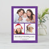 DIY 3 Fotocollage Naam Jaar Snowy Paars Feestdagenkaart (Staand voorkant)