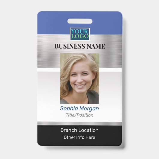 DIY Bedrijfsfoto Naam Logo Info, Silver Blue Blk Badge (Voorzijde)