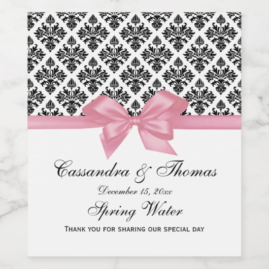 DIY BG  Black Whisky Damask Pink Bow Wijn Etiket (Enkel label)