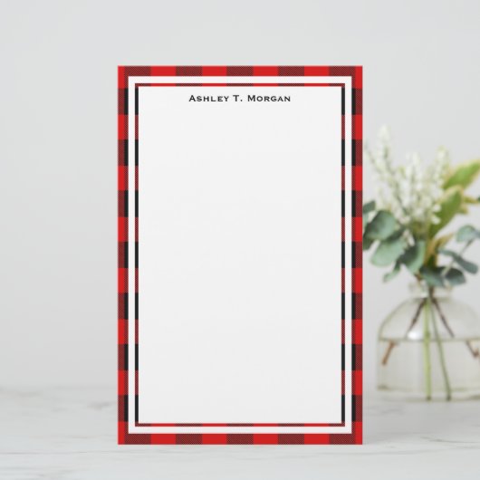 DIY BG Buffel Plaid Tartan Zwart Rood Briefpapier (Staand voorkant)