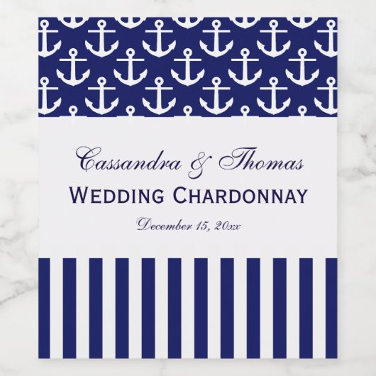 DIY BG Navy White Anchor Stripe Party Wijn Etiket (Enkel label)