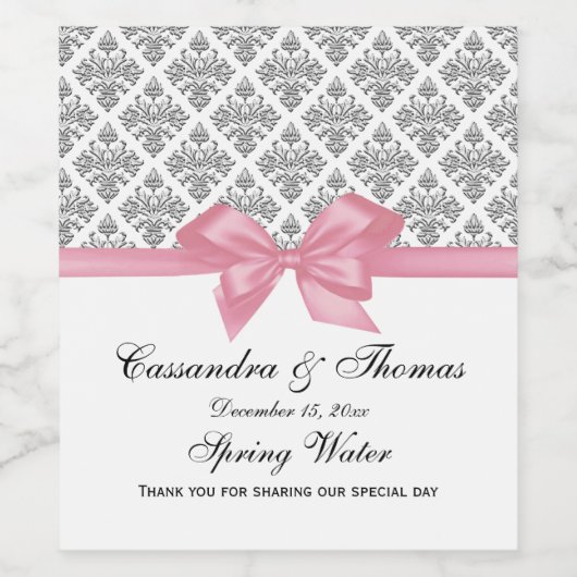 DIY BG  Silver Whisky Damask Pink Bow Wijn Etiket (Enkel label)