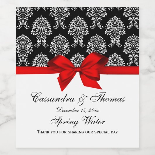 DIY BG  White Damask #6 op Black, Red Bow Wijn Etiket (Enkel label)