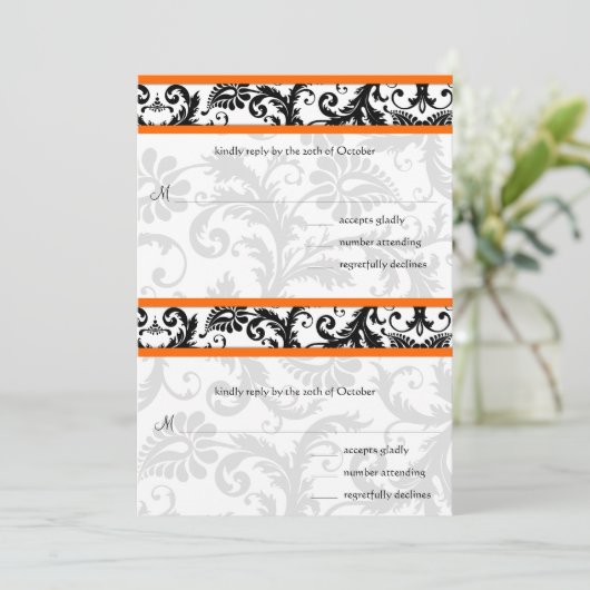 DIY Black Damask Sinaasappel RSVP Wedding Invitati Kaart (Staand voorkant)