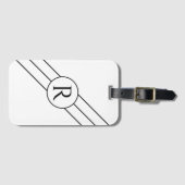 DIY Black Monogram in Cirkel, diagonaal lijnen wit Bagagelabel (Voorkant (horizontaal))