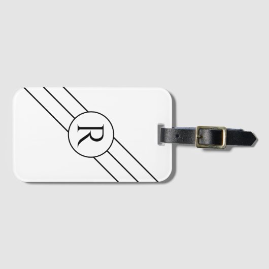DIY Black Monogram in Cirkel, diagonaal lijnen wit Bagagelabel (Voorkant (horizontaal))