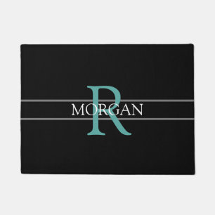 DIY Blauwgroen Monogram, Witte Naam, Zwart, Grijze Deurmat