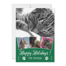DIY Cat Photo Collage Green Holiday Flat Card