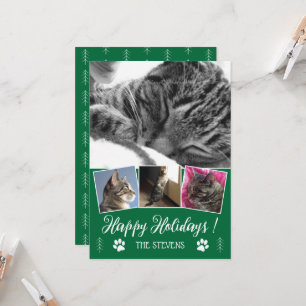 DIY Cat Photo Collage Green Holiday Flat Card Kaart