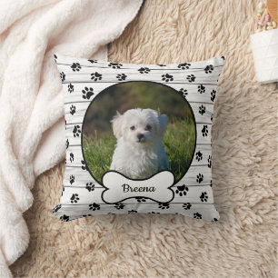 DIY Dog Photo Circle Name Bone Black Paws Rustic Kussen