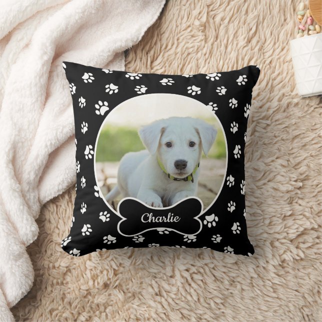 DIY Dog Photo Circle Name Bone White Paws Black Kussen (Deken)
