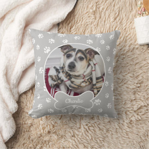 DIY Dog Photo Circle Name Bone White Paws Grey Kussen