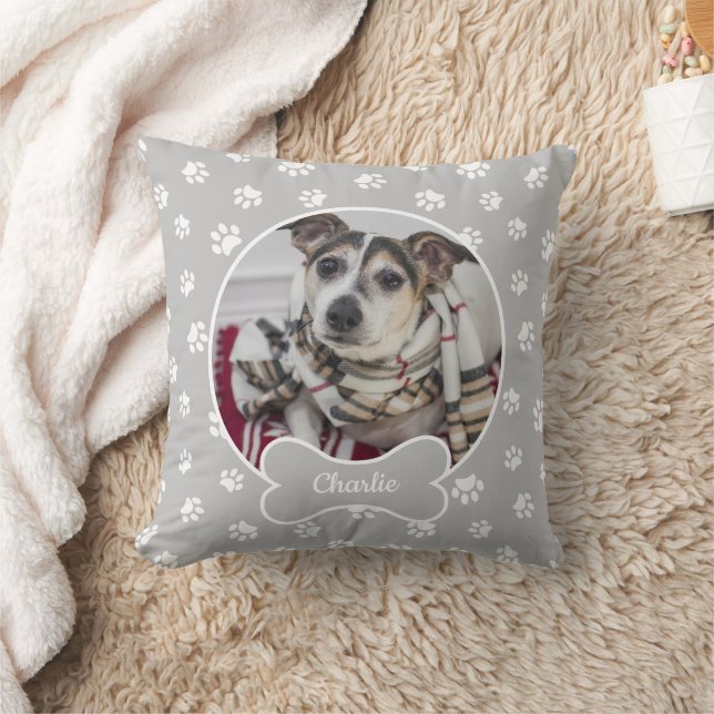 DIY Dog Photo Circle Name Bone White Paws Grey Kussen (Deken)