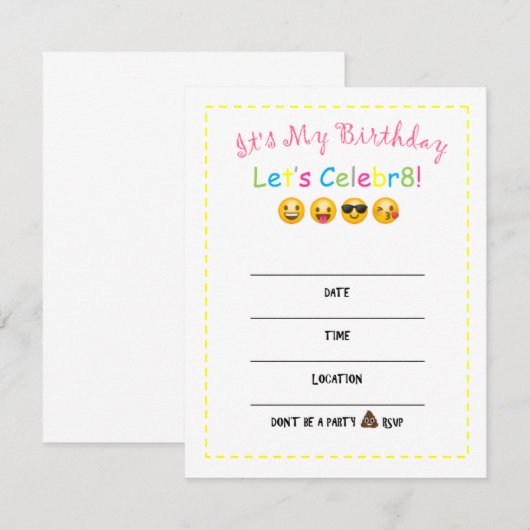 DIY Emoji Birthday Uitnodiging (Voorkant / Achterkant)