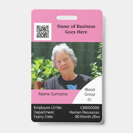 DIY Employee ID card roze zwarte witte sjabloon Badge (Voorzijde)