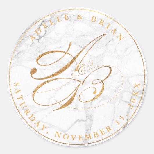DIY Faux Gouden Kalligrafie Monogrammen/Wit Marmer Ronde Sticker (Voorkant)
