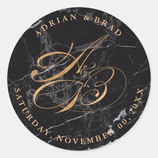 DIY Faux Gouden Kalligrafie Monogrammen/Zwart Marm Ronde Sticker (Voorkant)