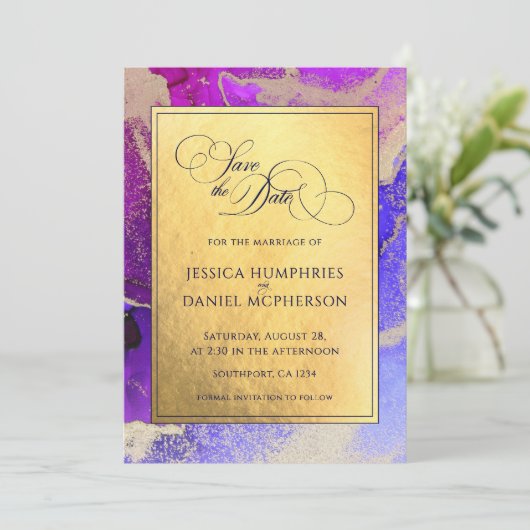 DIY Foto Paars Gold Abstract bruiloft 2 Save The Date (Staand voorkant)