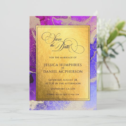 DIY Foto Paarse Goud Abstracte Trouwflat Save The Date (Staand voorkant)