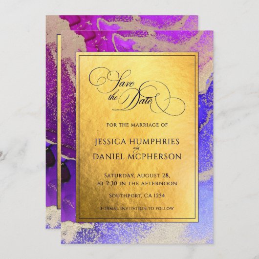DIY Foto Paarse Goud Abstracte Trouwflat Save The Date (Voorkant / Achterkant)