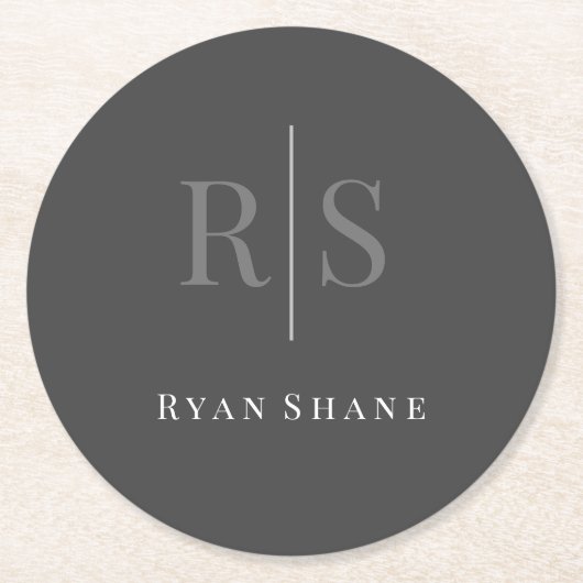 DIY Grey Monogram & Witte Naam op Donkergrijs Ronde Kartonnen Onderzetter (Voorkant)