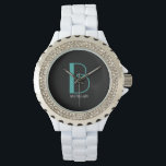 DIY groot monogram & naam, Blauwgroen/witte tekst, Horloge<br><div class="desc">Pas dit stijlvolle en eenvoudige tekstontwerp aan met jouw naam in wit en uw grote monogram in Blauwgroen op zwarte achtergrond.</div>