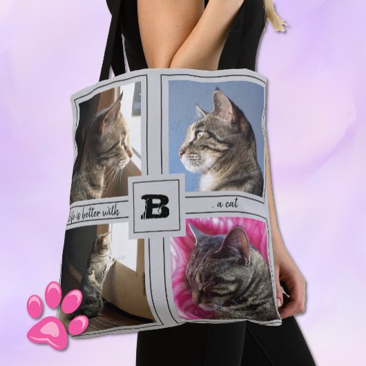 DIY-kattenfotocollage met quote grijze canvas tas