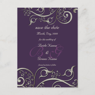 DIY kleur, save the date, monogram zilver wervelin Aankondigingskaart