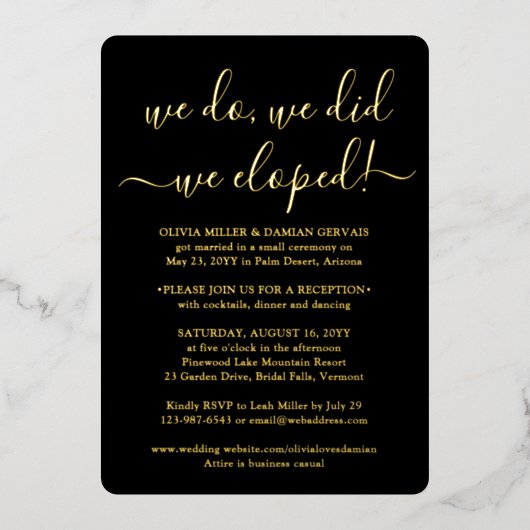 DIY Kleur We Eloped Bruiloft Receptie 1 Foto Folie Uitnodiging (Voorkant)