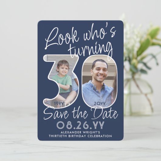 DIY Kleuren · Kijk Wie is 30 Verjaardagsfeest 2 Fo Save The Date (Staand voorkant)