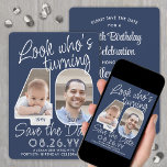 DIY Kleuren · Kijk Wie is 40 Verjaardagsfeest 2 Fo Save The Date<br><div class="desc">Kijk eens wie er 40 wordt! Nodig familie en vrienden uit voor een aankomende 40e verjaardagsviering met een elegante aangepaste foto, sla de uitnodigingen voor het datumfeest op. Afbeeldingen en formuleringen over deze sjabloon zijn eenvoudig te personaliseren. De marineblauwe en witte kleuren voor de achtergrond, tekst en getalcontouren kunnen allemaal...</div>