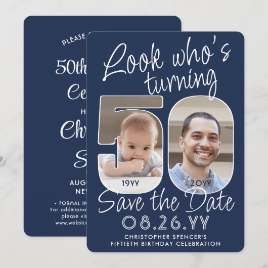 DIY Kleuren · Kijk Wie is 50 Verjaardagsfeest 2 Fo Save The Date (Voorkant / Achterkant)