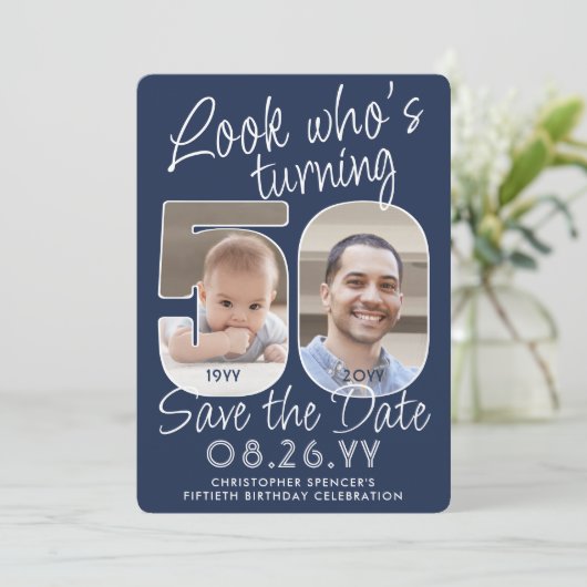 DIY Kleuren · Kijk Wie is 50 Verjaardagsfeest 2 Fo Save The Date (Staand voorkant)