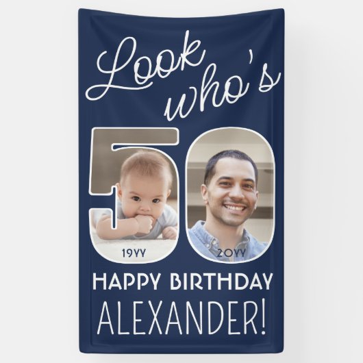 DIY Kleuren · Kijk Wie is 50 Verjaardagsfeest 2 Fo Spandoek (Verticaal)