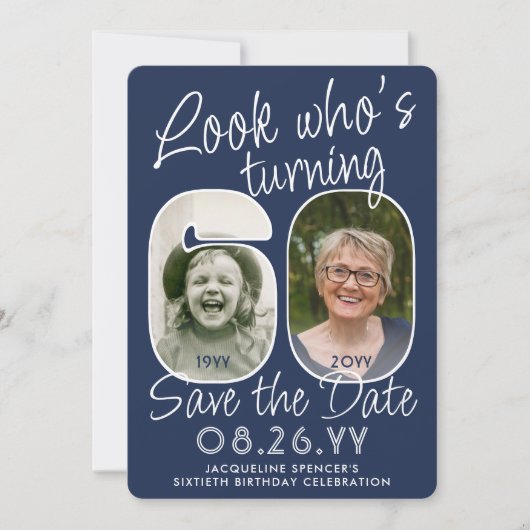 DIY Kleuren · Kijk Wie is 60 Verjaardagsfeest 2 Fo Save The Date (Voorkant)