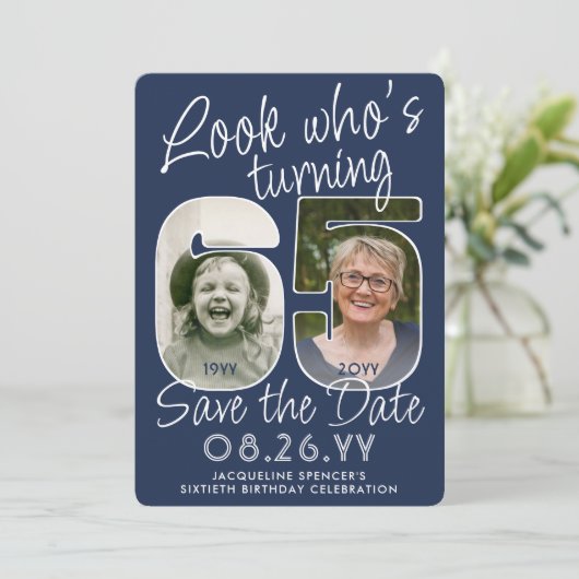 DIY Kleuren · Kijk Wie is 65 Verjaardagsfeestje 2 Save The Date (Staand voorkant)