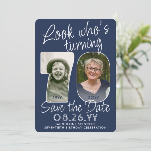 DIY Kleuren · Kijk Wie is 70 Verjaardagsfeest 2 Fo Save The Date (Staand voorkant)
