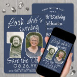 DIY Kleuren · Kijk Wie is 70 Verjaardagsfeest 2 Fo Save The Date<br><div class="desc">Kijk eens wie er 70 wordt! Nodig familie en vrienden uit voor een aankomende 70e verjaardagsviering met een elegante aangepaste foto, sla de uitnodigingen voor het datumfeest op. Afbeeldingen en formuleringen over deze sjabloon zijn eenvoudig te personaliseren. De marineblauwe en witte kleuren voor de achtergrond, tekst en getalcontouren kunnen allemaal...</div>