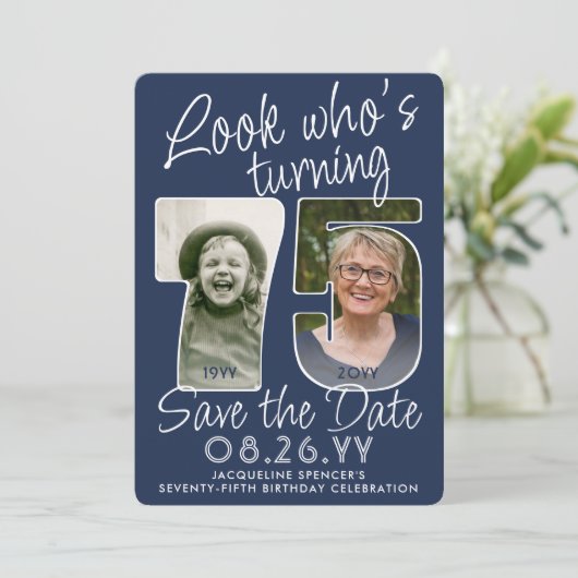 DIY Kleuren · Kijk Wie is 75 Verjaardagsfeest 2 Fo Save The Date (Staand voorkant)