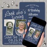 DIY Kleuren · Kijk Wie is 75 Verjaardagsfeest 2 Fo Save The Date<br><div class="desc">Kijk eens wie 75 wordt! Nodig familie en vrienden uit voor een aankomende 75e verjaardagsviering met een elegante aangepaste foto, sla de uitnodigingen voor het datumfeest op. Afbeeldingen en formuleringen over deze sjabloon zijn eenvoudig te personaliseren. De marineblauwe en witte kleuren voor de achtergrond, tekst en getalcontouren kunnen allemaal worden...</div>