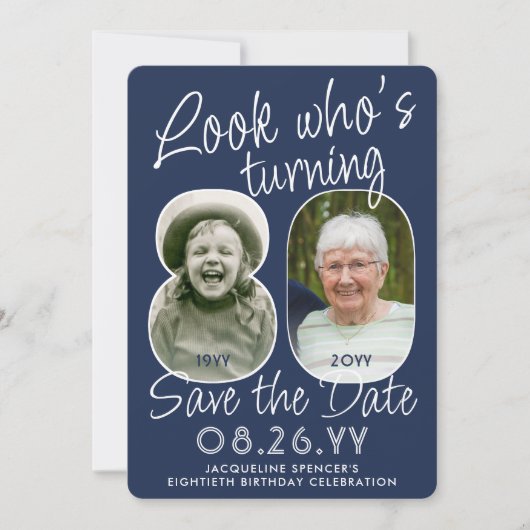 DIY Kleuren · Kijk Wie is 80 Verjaardagsfeest 2 Fo Save The Date (Voorkant)