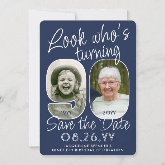 DIY Kleuren · Kijk Wie is 90 Verjaardagsfeest 2 Fo Save The Date (Voorkant)