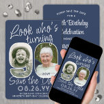 DIY Kleuren · Kijk Wie is 90 Verjaardagsfeest 2 Fo Save The Date<br><div class="desc">Kijk eens wie er 90 wordt! Nodig familie en vrienden uit voor een aankomende 90ste verjaardagsviering met een elegante aangepaste foto, sla de uitnodigingen van het datumfeest op. Afbeeldingen en formuleringen over deze sjabloon zijn eenvoudig te personaliseren. De marineblauwe en witte kleuren voor de achtergrond, tekst en getalcontouren kunnen allemaal...</div>