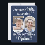 DIY Kleuren · Nifty Fifty 50th Verjaardagsfeestfot Kaart<br><div class="desc">Iemand die slim is wordt 50! Nodig familie en vrienden uit voor een elegante vijftigste verjaardagsviering voor hem of haar met 2 aangepaste uitnodigingen voor fotofeestjes. Afbeeldingen en alle tekst op deze sjabloon zijn eenvoudig te personaliseren. De marineblauwe en witte kleuren voor de achtergrond, tekst en getalcontouren kunnen allemaal worden...</div>