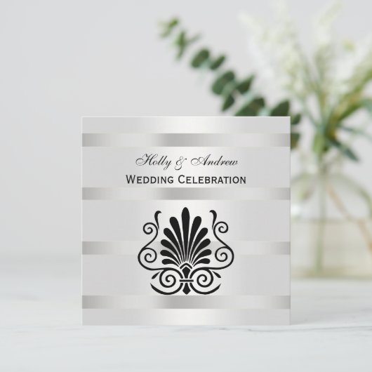 DIY  look Art Deco Plume Blk Wat SQ Bruiloft Kaart (Staand voorkant)