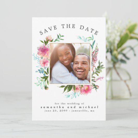DIY Modern Foto roze Floral Waterverf Peony Save The Date (Staand voorkant)